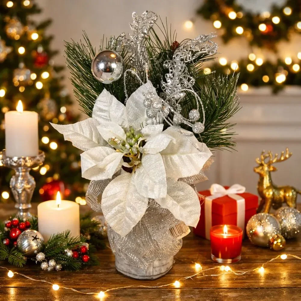 Gold Cream Holiday Christmas Flower Floral Bouquet Arrangement Poinsettia Birch
